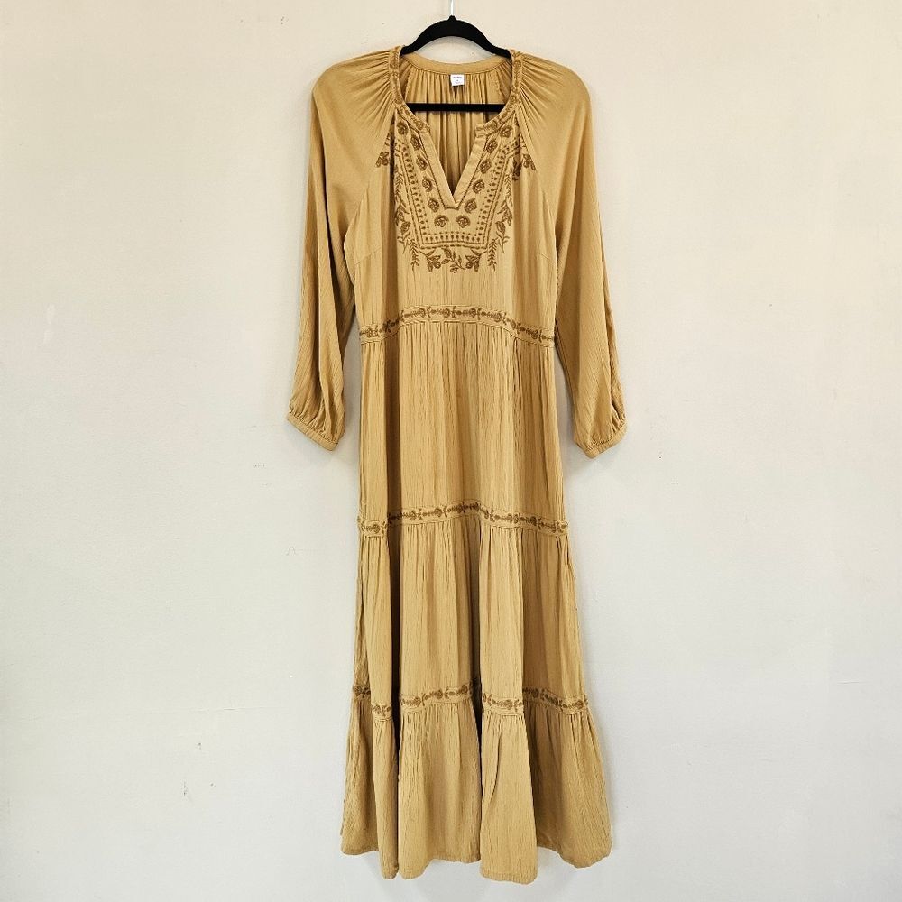 Dress Women's Sz M Tiered Maxi Embroidered Details Long Sleeve Yellow Bohemian